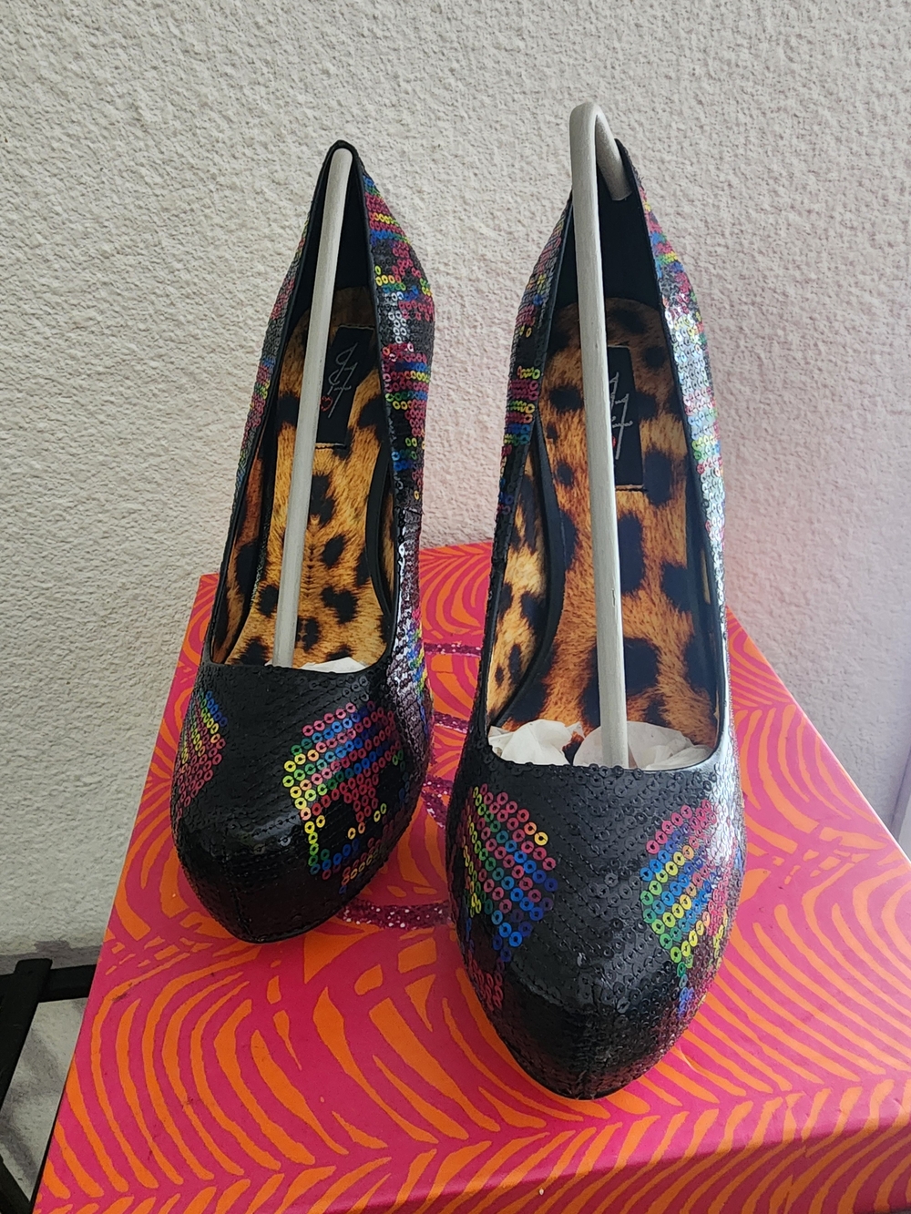 Iron Fist Black Sequin Platform Pumps with Rainbow Skull Detail - Picture 3 of 6